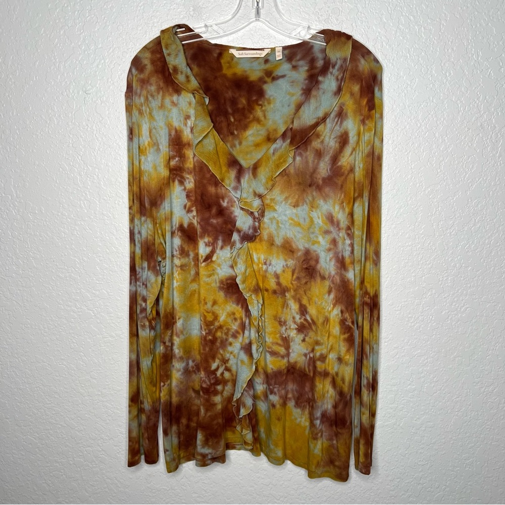 Soft Surroundings Long Sleeve Shirt Tunic 2X Tie Dye Ruffle V Neck Top Blouse